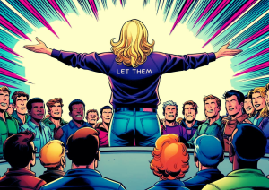 Illustration of a blonde motivational speaker addressing an adoring crowd, arms spread wide, wearing a jacket emblazoned with 'Let Them' on the back.
